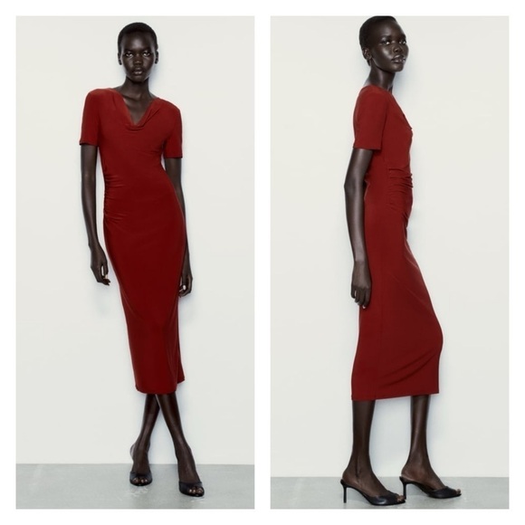 ZARA Burnt Orange Short Sleeve Ruched Bodycon Midi Cocktail Dress Small NWT - Picture 1 of 9